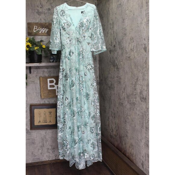 Jovani Womens Embellished V Neck 3/4 Open Sleeve Formal Dress Gown Mint Green 6